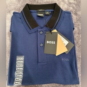 HUGO BOSS SLIM-FIT POLO SHIRT IN COTTON WITH STRIPED Collar DARK BLUE SIZE M